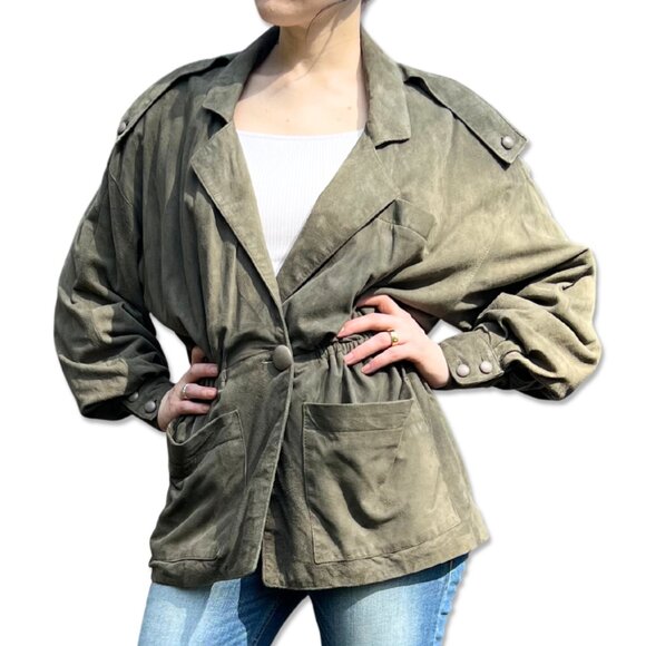 VTG Vakko Olive Green Goat Suede Jacket  Cinched Waist Button Front Size S - Picture 1 of 4